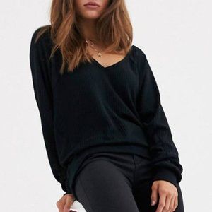 75) NWT Free People Santa Clara Thermal Long Sleeve Oversized Black T-shirt